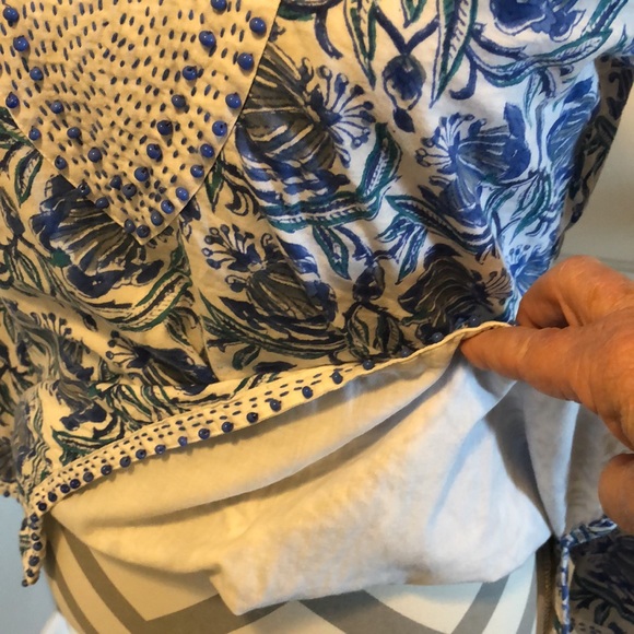 Diane Snyder BohoHippie bead embroidered blue&white floral print bell sleeve top - Picture 8 of 9
